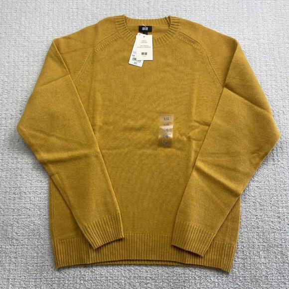 Uniqlo Mens Premium Lambswool Sweater Long Sleeves Crew Neck Large NWT Yellow - Picture 1 of 12